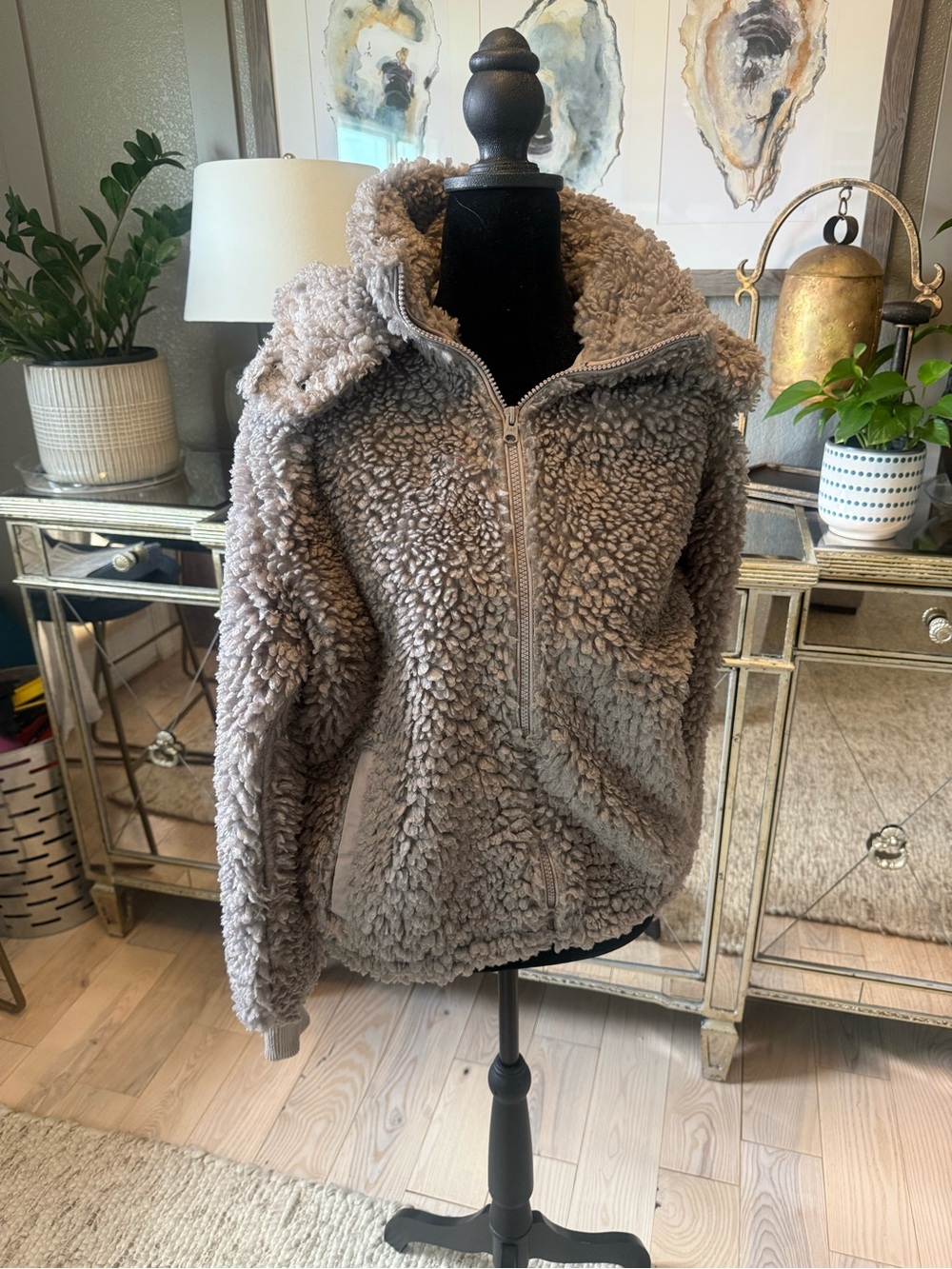 Abercrombie Cozy Taupe Sherpa Half-Zip Jacket